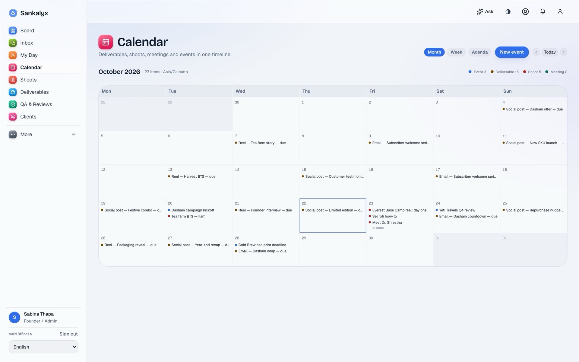 Agency OS calendar with shoots, posts and meetings for the month