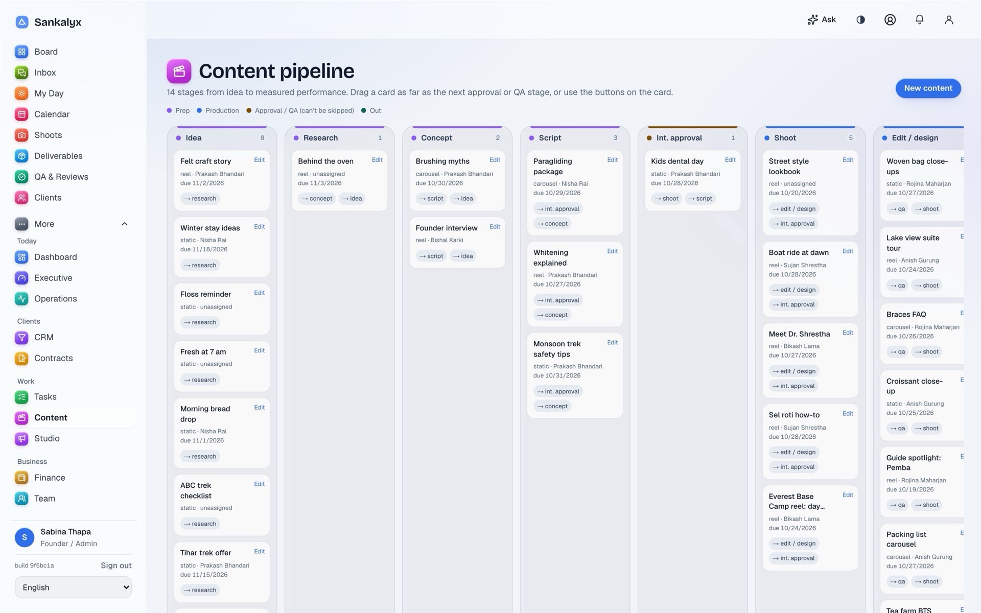 Agency OS content pipeline: posts moving from idea through script, shoot and approval for each client
